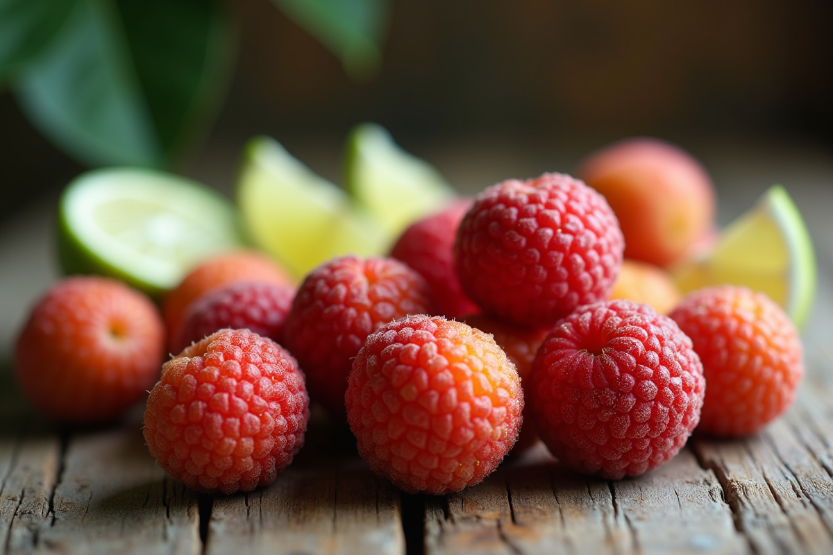 Litchis entiers et pelés avec quartiers de lime sur une table en bois