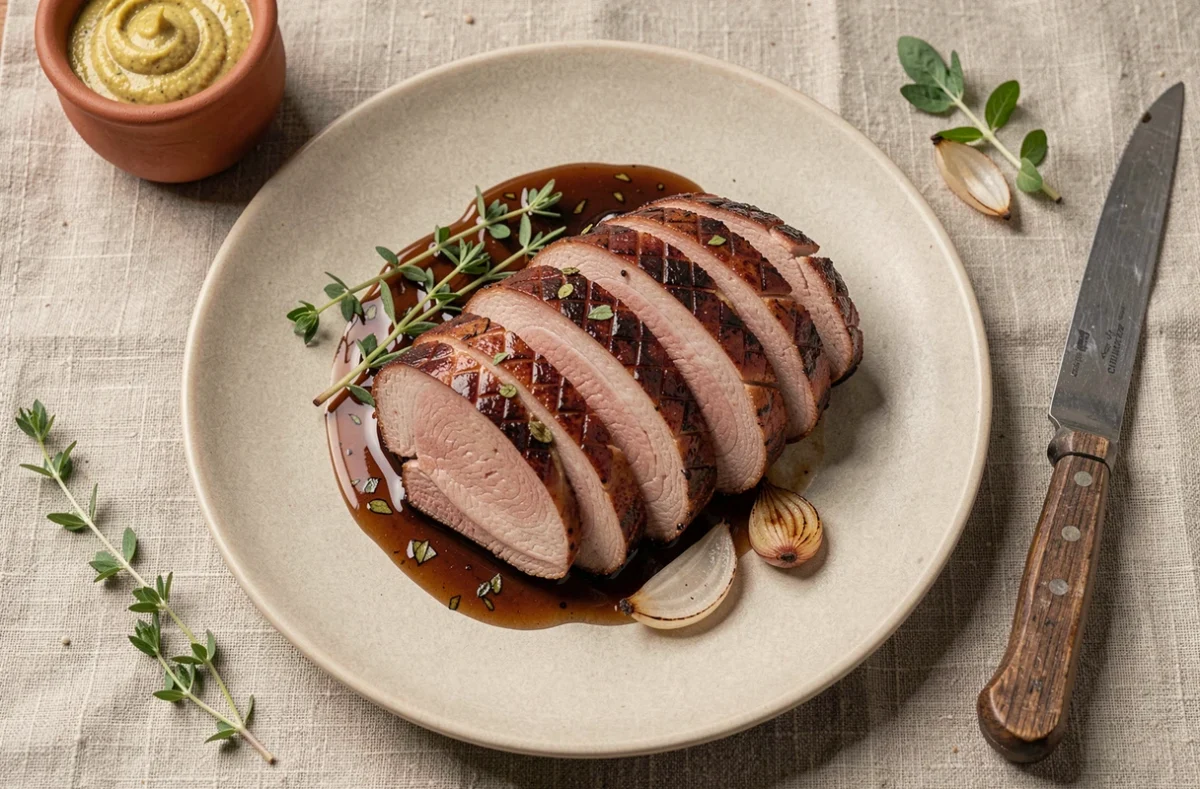 Assiette de magret de canard tranché nappé d'une sauce au miel et au balsamique sans vin sur une table rustique