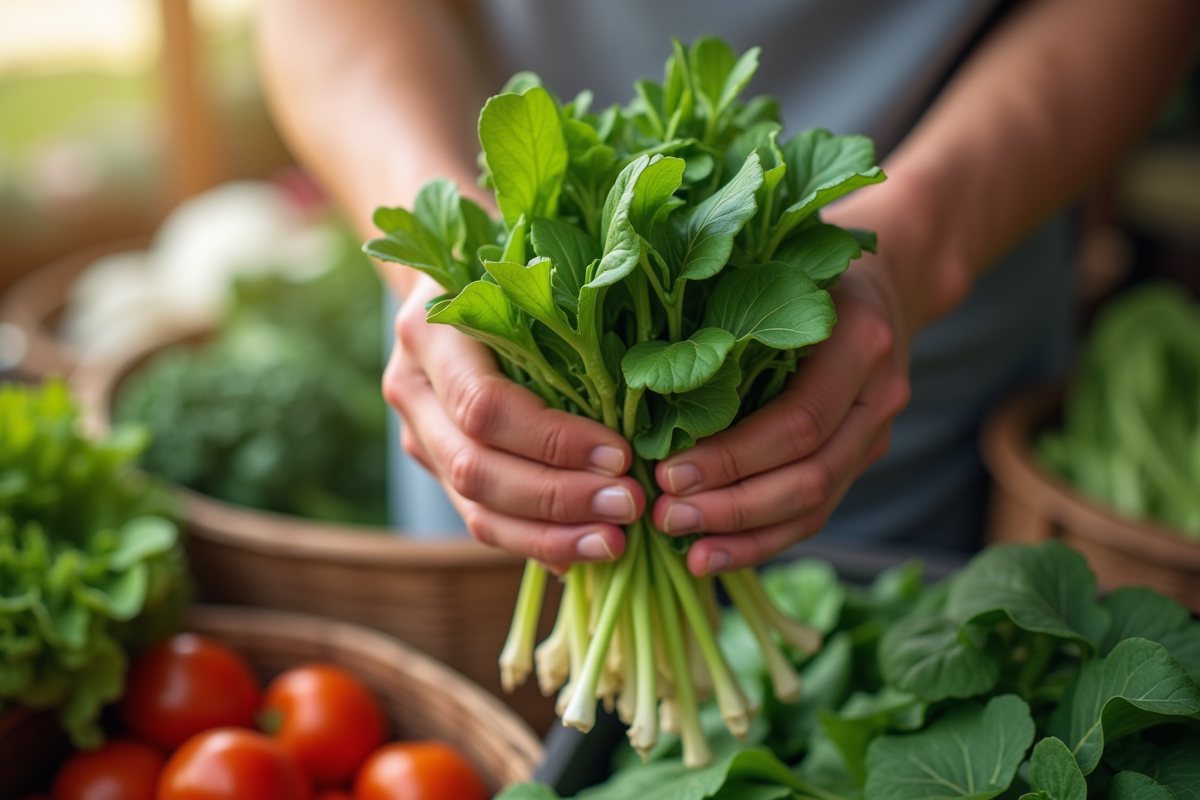 Mains tenant des légumes verts dans un marché fermier