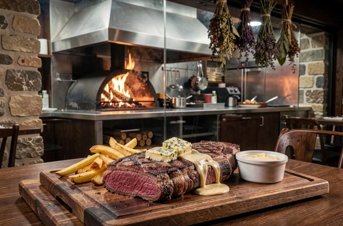 Côte de bœuf grillée sur planche en bois avec sauce béarnaise au restaurant Maison Grill à Épron