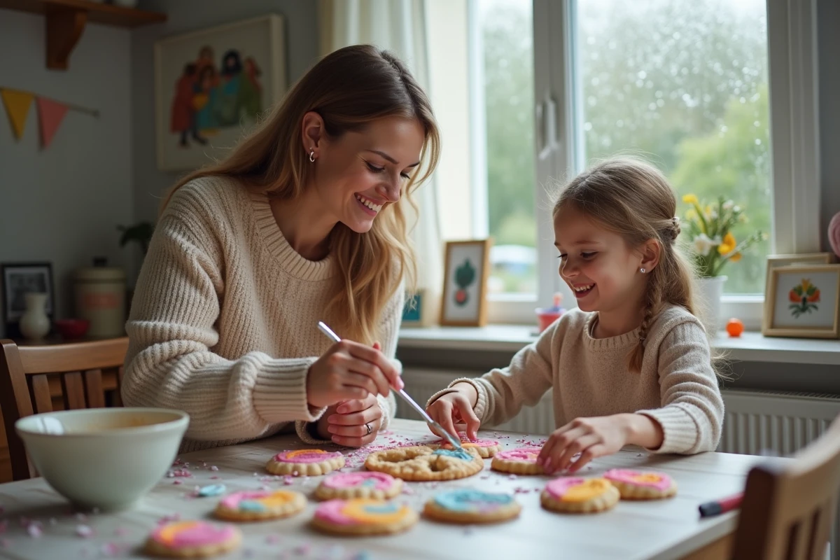 Maman aide sa fille à décorer des cookies unicorn