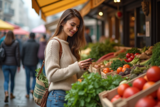 Femme souriante achetant légumes de saison au marché