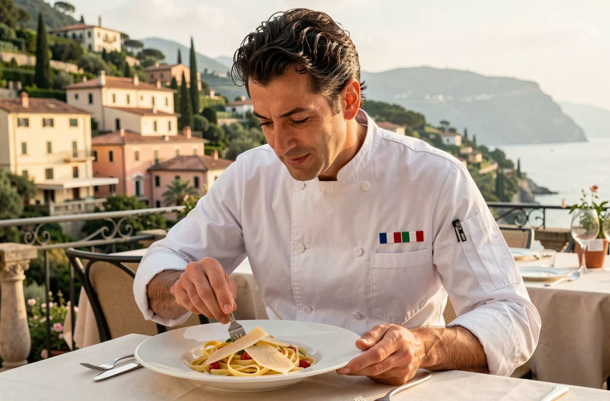Mauro Colagreco dressant un plat fusionnant la gastronomie française et italienne dans son restaurant à la frontière des deux cultures