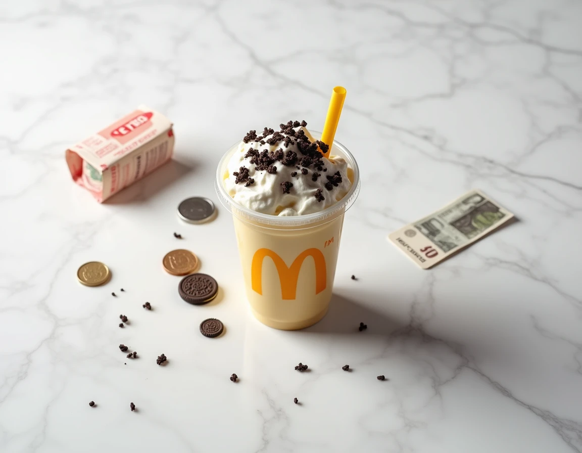 Vue de dessus d'un McFlurry Oreo McDonald's avec des pièces en euros, un bon de réduction et une étiquette de prix sur une surface en marbre blanc