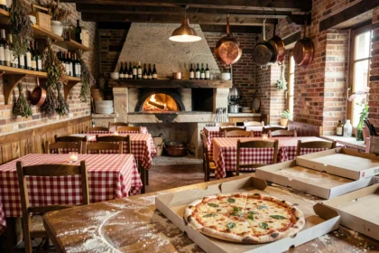 Intérieur chaleureux d'une pizzeria artisanale du Grand Est avec un four à bois en pierre et des pizzas fraîchement préparées