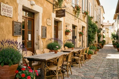 Terrasse de bistrot provençal ensoleillée avec tables en bois rustique, chaises en osier et façade en pierre le long d'une ruelle pavée en Provence-Alpes-Côte d'Azur