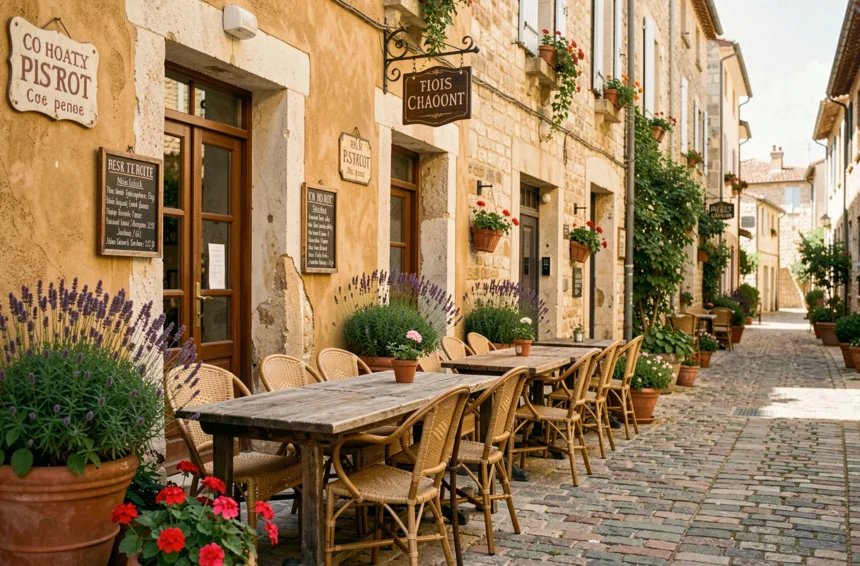 Terrasse de bistrot provençal ensoleillée avec tables en bois rustique, chaises en osier et façade en pierre le long d'une ruelle pavée en Provence-Alpes-Côte d'Azur