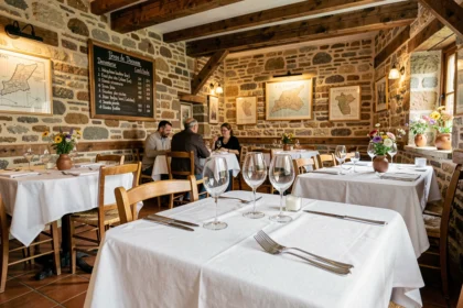 Salle de restaurant normand dans le Calvados avec murs en pierre, poutres en chêne et tables dressées avec soin