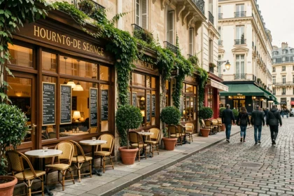 Rue commerçante des Hauts-de-Seine avec plusieurs restaurants français aux facades en pierre et menus ardoises