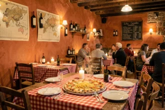 Vue panoramique de l'intérieur d'un restaurant italien authentique dans le Nord de la France, avec tables en bois, décorations italiennes et ambiance chaleureuse