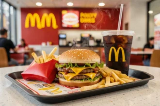 Menu Big Mac McDonald's avec burger, frites dorées et boisson sur un plateau, photographié dans un restaurant fast-food moderne en 2026