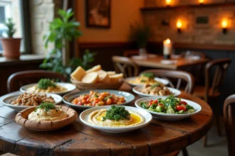 Plateau de mezzés libanais traditionnels servis dans un restaurant halal rue Mouffetard à Paris, avec houmous, taboulé et pain pita sur table en bois