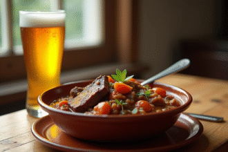 Plat de boeuf belge mijote avec bière dans un bol en céramique