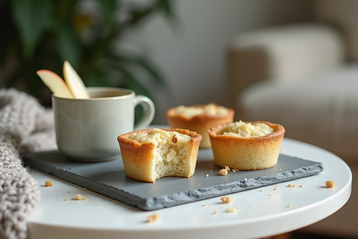 Mini gâteaux individuels à la compote de pomme et au yaourt servis sur une ardoise grise lors d'un goûter cosy à la maison