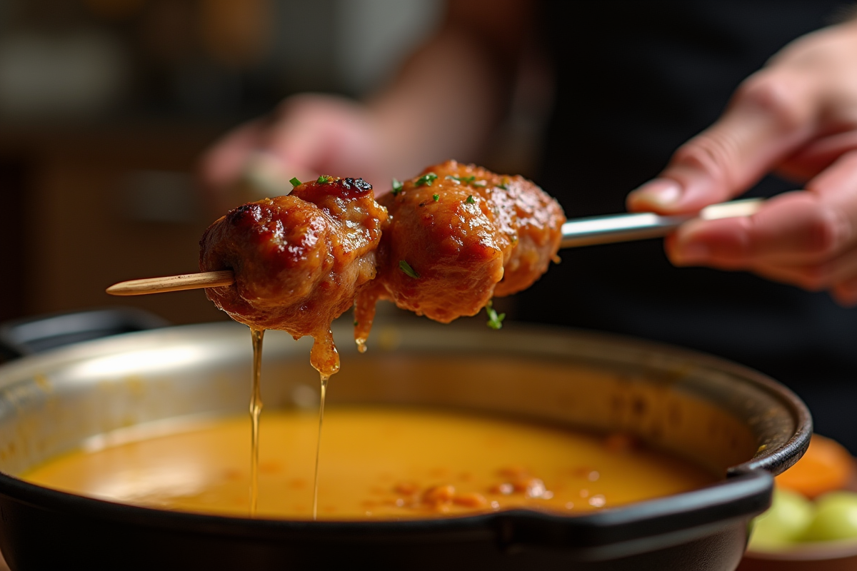Gros plan sur une brochette de viande cuite au fondue