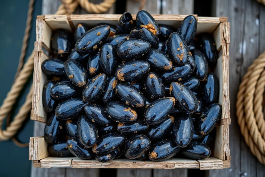 Moules de bouchot fraîches dans une caisse en bois sur un quai de pêche breton, brillantes et couvertes de barnacles