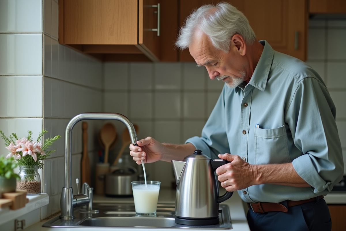 Homme verse du vinaigre dans une bouilloire électrique