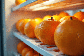 Oranges fraîches dans le réfrigérateur lumineux