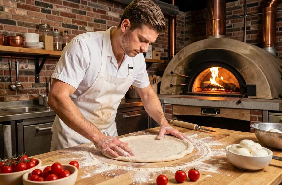 Pizzaiolo artisan étirant une pâte à pizza à la main chez Origano à Lille, avec four à bois en arrière-plan et ingrédients frais sur le comptoir en bois