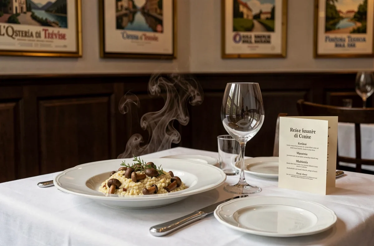 Table élégante à L'Osteria di Trévise à Lille avec risotto aux porcini fumant sur nappe en lin blanc et décor de brasserie italienne raffinée