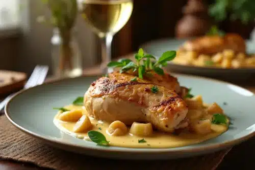 Savourez l’authenticité du poulet aux morilles et au vin jaune