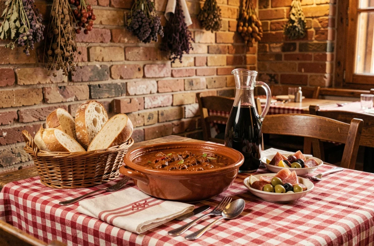 Table dressée à l'italienne chez Papà Raffaele à Lille avec ragù bolognaise, pain ciabatta et antipasti dans une trattoria rustique aux murs en brique