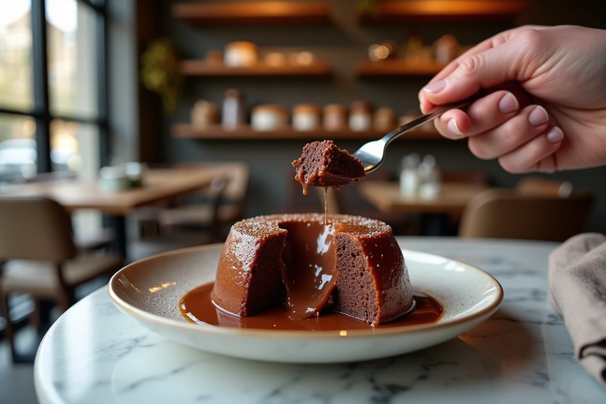 Geste de dégustation d un fondant au chocolat dans un café cosy