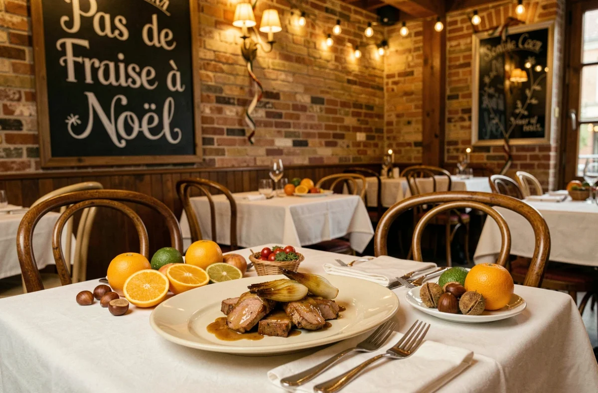 Table dressée avec assiette de canard confit au restaurant Pas de Fraise à Noël à Caen