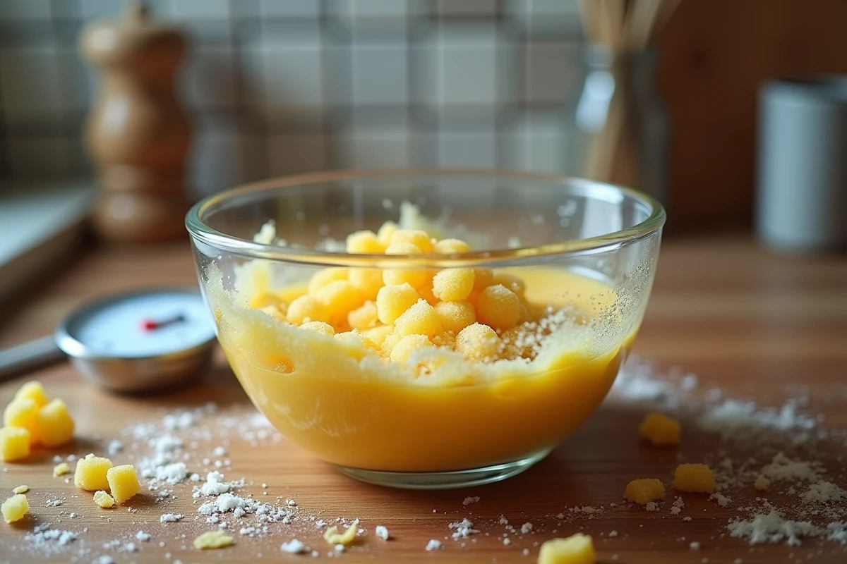 Gros plan sur une pâte à bombe ratée avec une texture granuleuse et des cristaux de sucre visibles dans un bol en verre sur un plan de travail en bois