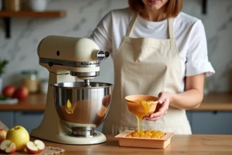 Femme versant une pâte de fruit à la pomme brillante dans un moule en silicone depuis le bol d'un robot pâtissier dans une cuisine artisanale
