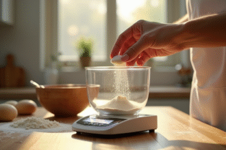 Les mains d'un boulanger mesurant de la levure sur une balance