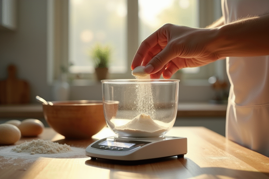 Les mains d'un boulanger mesurant de la levure sur une balance