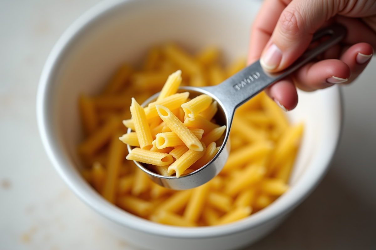 Main tenant un outil de mesure de penne au-dessus d’un bol blanc