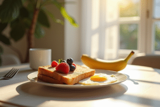 Table de petit déjeuner avec toast et fruits frais