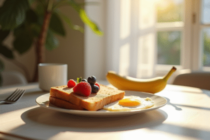 Table de petit déjeuner avec toast et fruits frais