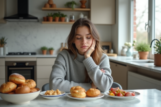 Jeune femme pensant devant un petit déjeuner sucré