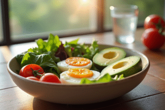 Bol de petit déjeuner sain avec avocat et oeufs pour {titre}