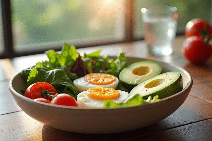 Bol de petit déjeuner sain avec avocat et oeufs pour {titre}