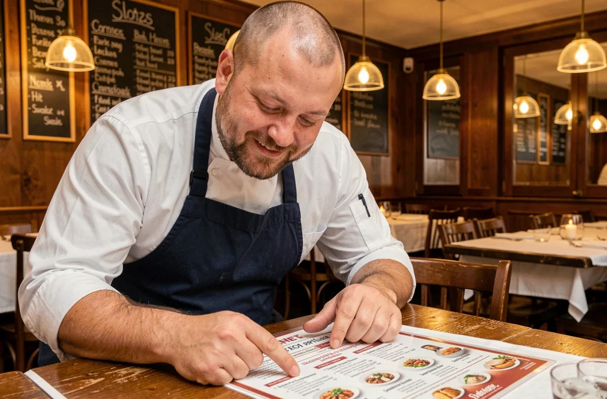 Philippe Etchebest présentant la carte lisible de son restaurant dans une ambiance chaleureuse de brasserie