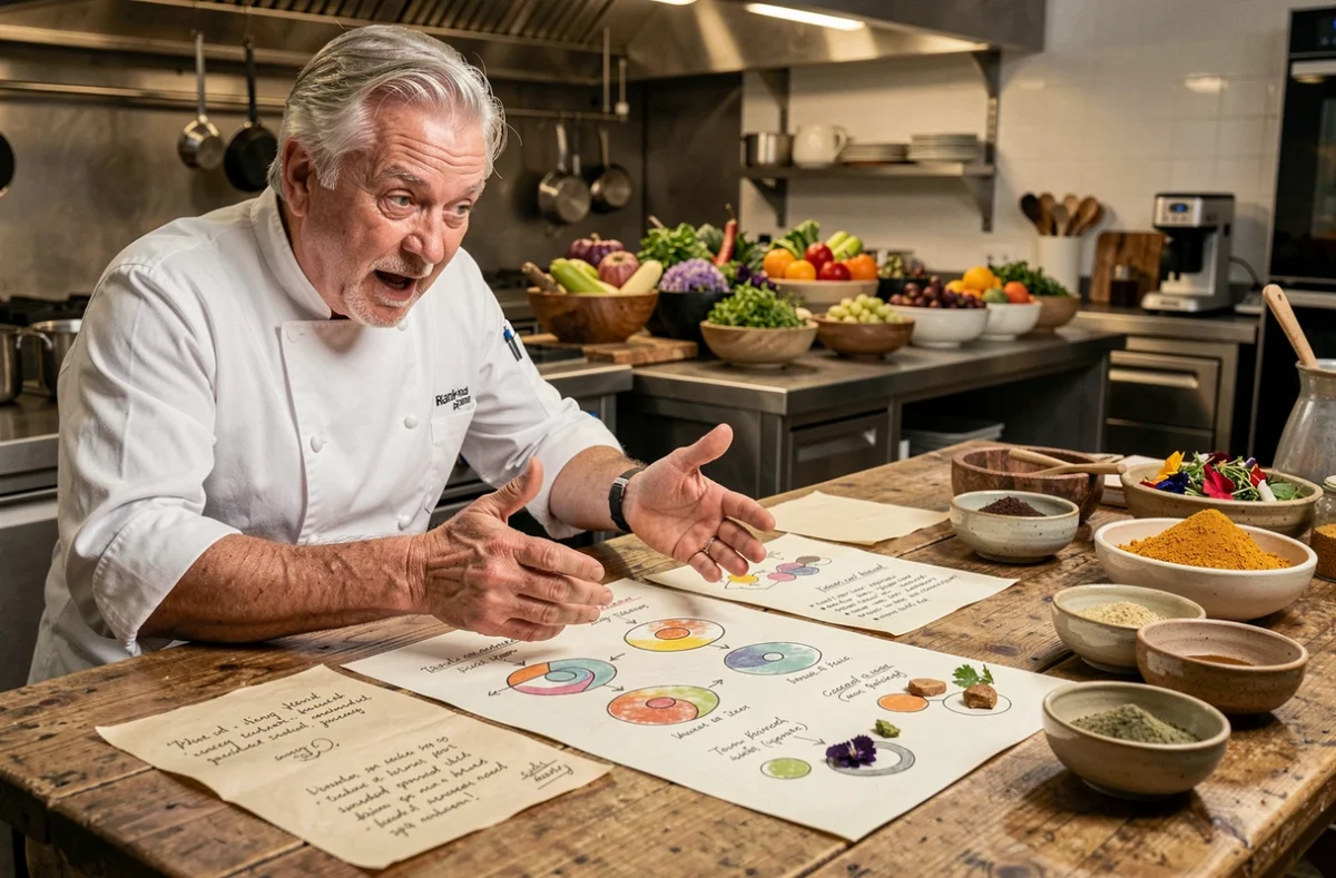 Pierre Gagnaire consultant des notes de dégustation expérimentales sur une table de cuisine créative