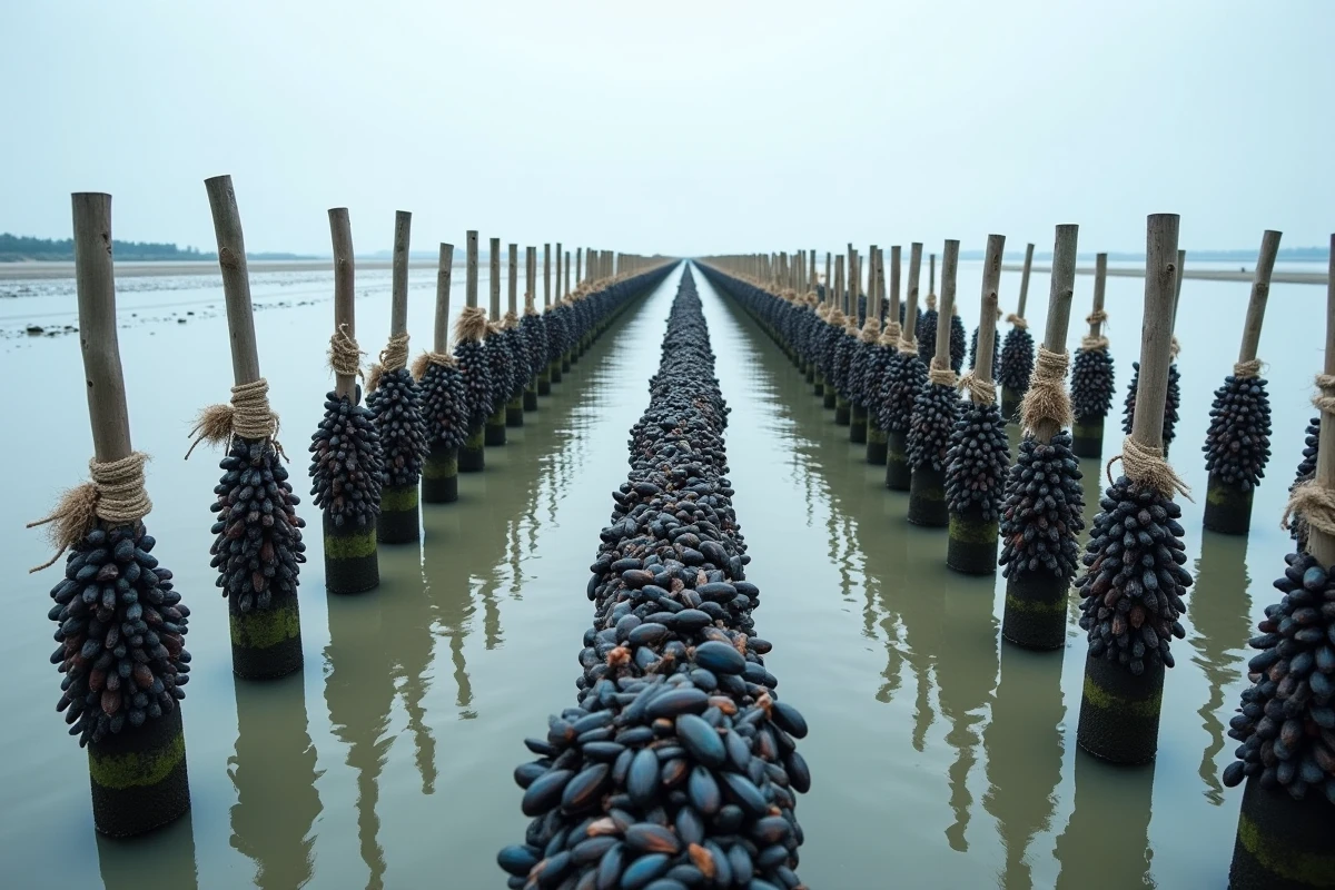 Rangées de pieux de bouchots couverts de moules dans une baie normande à marée basse, paysage ostréicole authentique