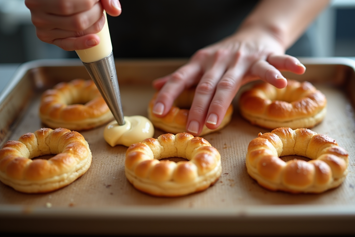 Main remplissant les choux de ParisBrest avec une poche à douille