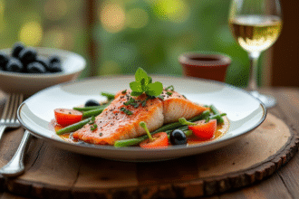 Assiette de poisson méditerranéen avec légumes et vin blanc
