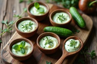 Table rustique avec cinq bols de concombres et creme