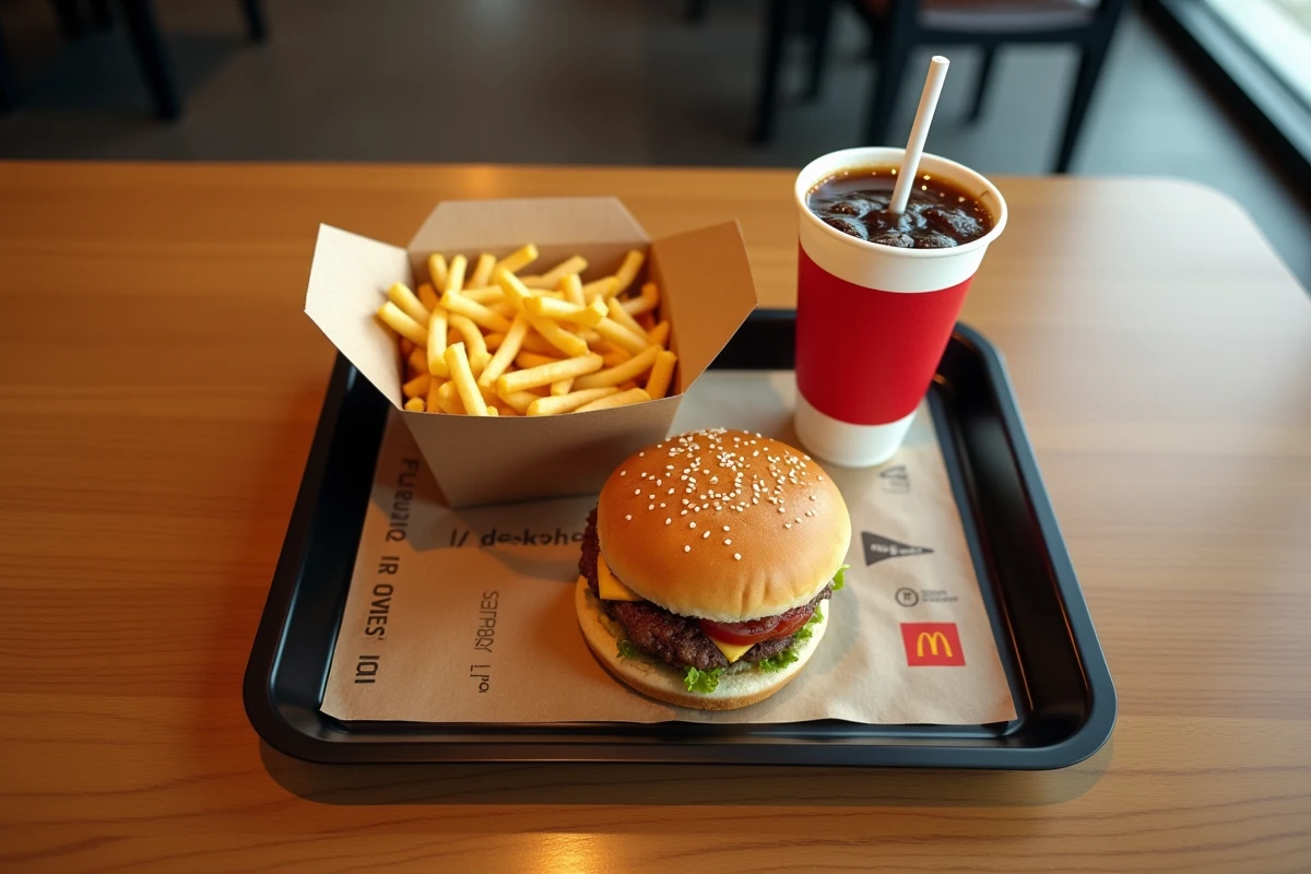 Vue de dessus d'un menu Best Of McDonald's complet sur plateau avec burger frites et boisson