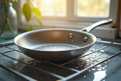 Poêle en inox brillant sèche sur un égouttoir lumineux