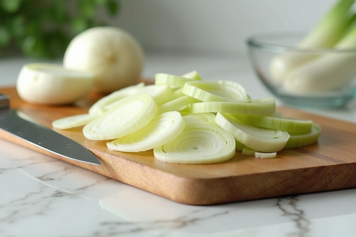 Poireaux frais tranchés en rondelles sur une planche à découper en bois avec un couteau de chef, astuce pour réduire l'amertume