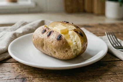 Pomme de terre au four avec peau grillée croustillante et intérieur moelleux sur assiette blanche, beurre fondu