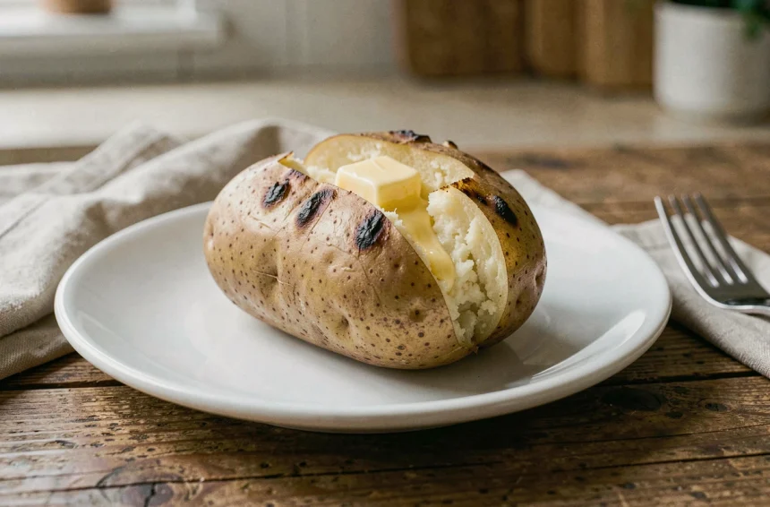 Pomme de terre au four avec peau grillée croustillante et intérieur moelleux sur assiette blanche, beurre fondu