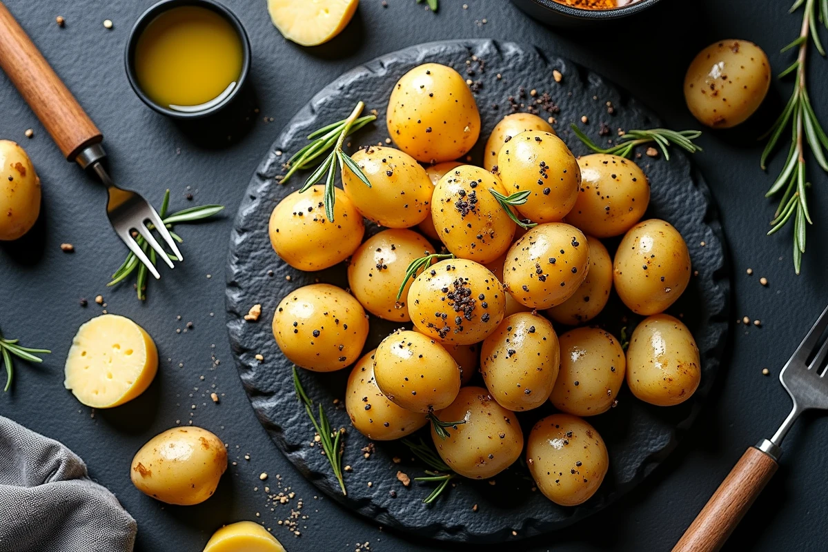 Vue du dessus d'un plateau ardoise avec pommes de terre écrasées à la peau, fromage gruyère et fondue pot miniature pour présentation gastronomique
